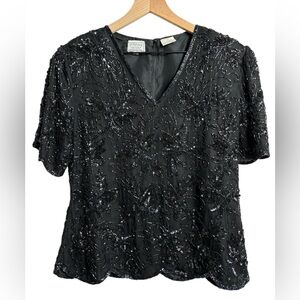 Stenay Womens Top Blouse Size L Black Silk Beads Sequins Handmade Vintage